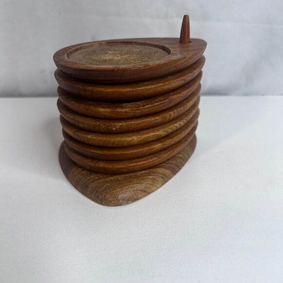 VTG Sere Wooden Cork Coaster Set of 7 w/ Holder MCM Stacked Teardrop Barware - Picture 2 of 16